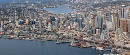 Aerial view of Seattle downtown high-rise buildings, waterfront and Lake Union